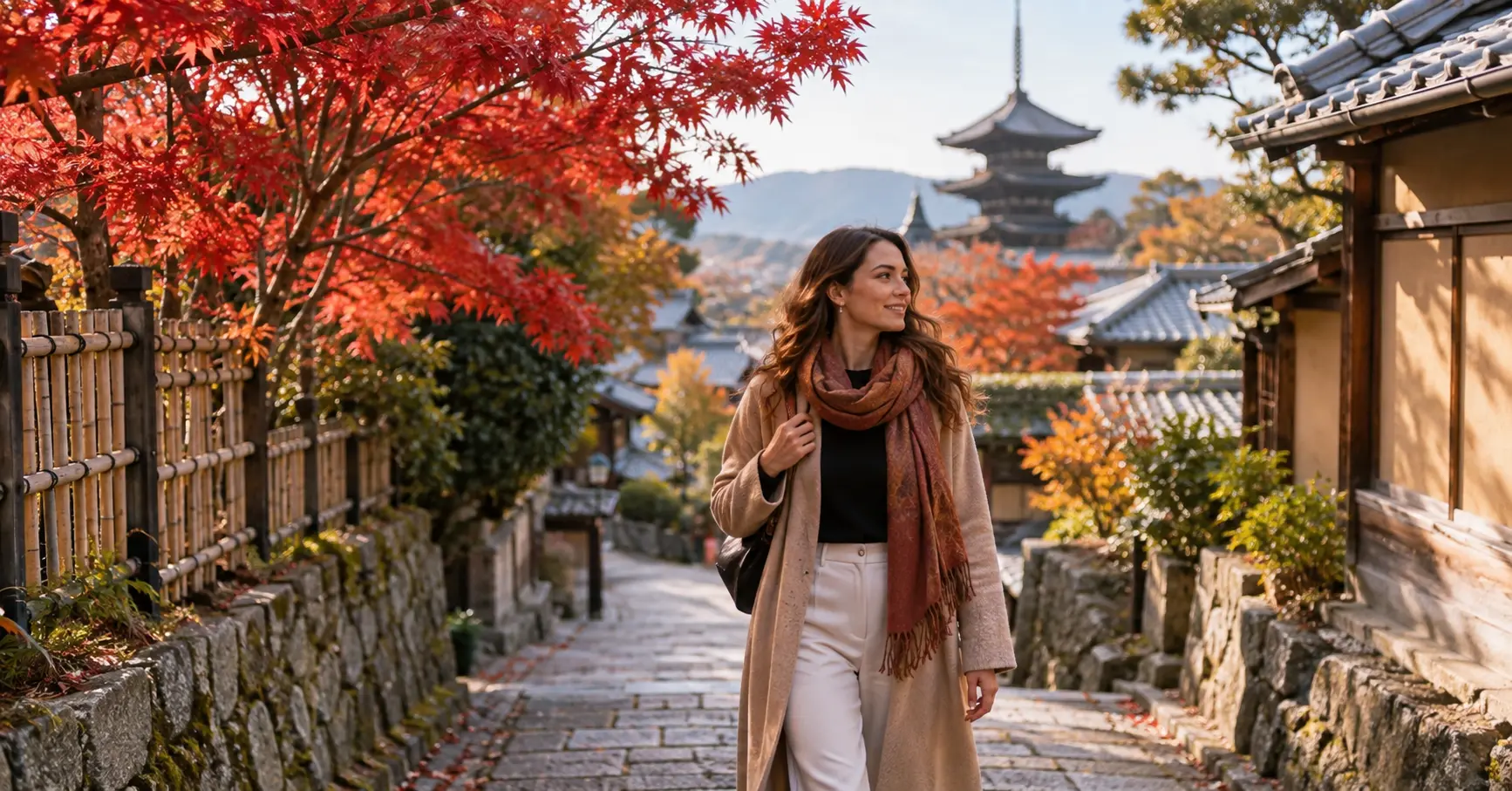 Woman traveler walking through Kyoto during Japan's autumn foliage season