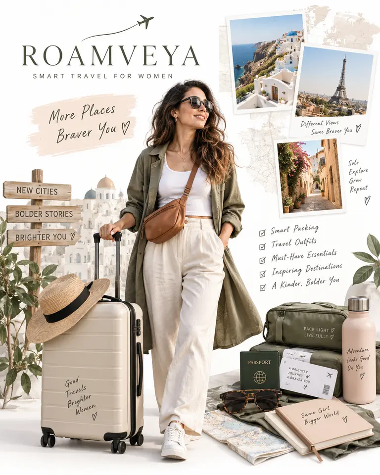 Woman traveler with luggage and travel essentials representing smart travel for women