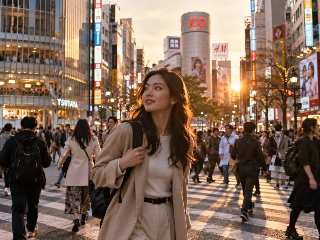 Woman traveler exploring Tokyo at sunset in a busy urban district