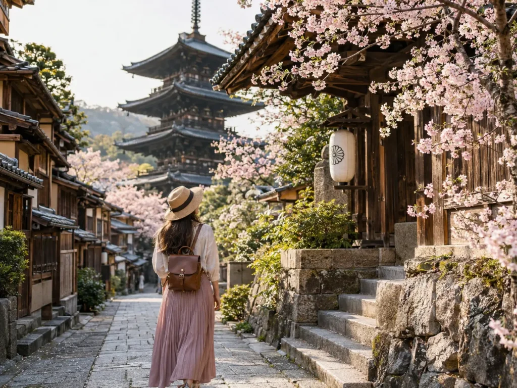 Woman traveler walking through a traditional Kyoto street with cherry blossoms