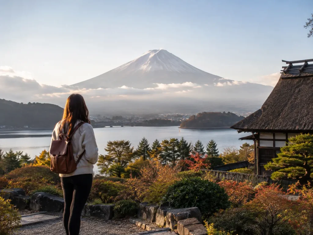 Woman traveler overlooking Mount Fuji and a peaceful Japanese landscape